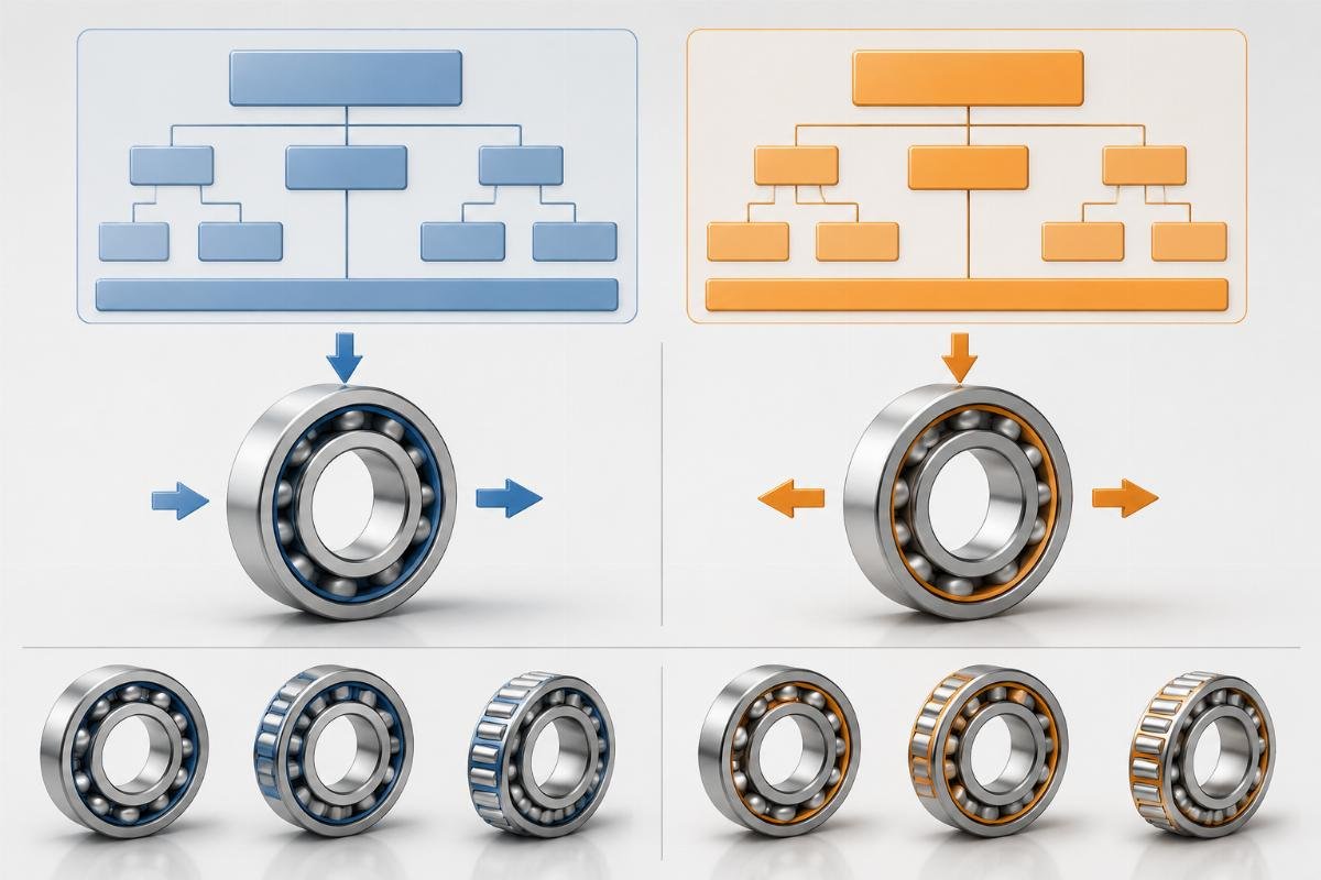 Comparison diagram showing ISO 281 and ABMA standard frameworks side by side with SKF vs Timken bearing load rating annotations