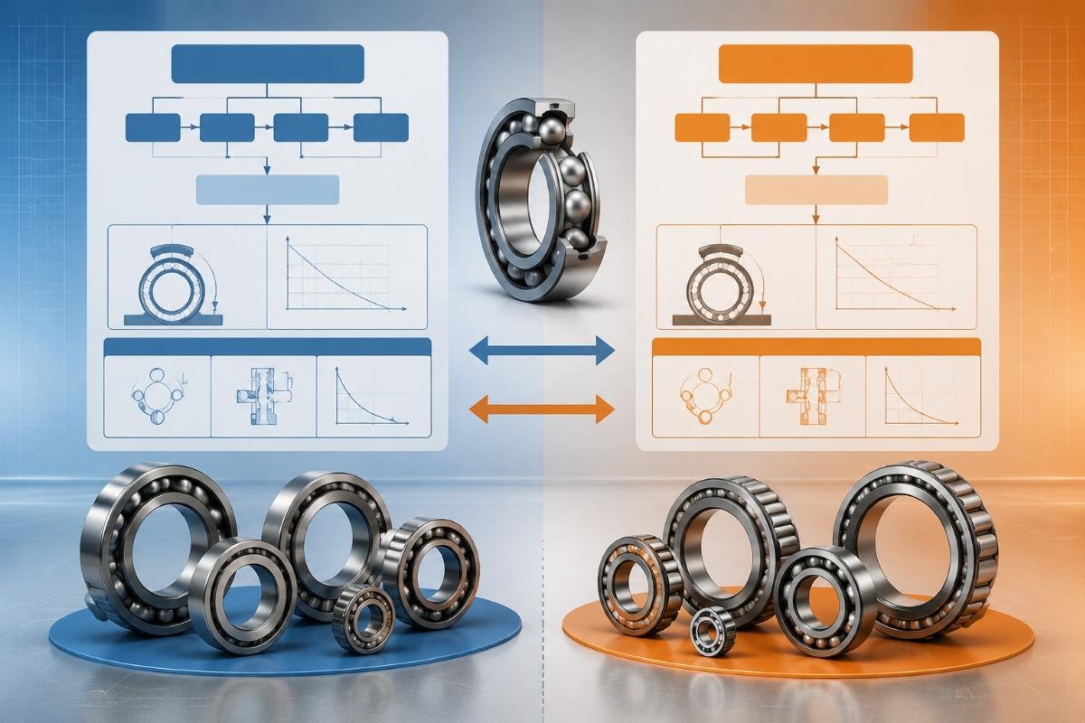 Comparison diagram showing ISO 281 and ABMA standard frameworks side by side with SKF vs Timken bearing load rating annotations
