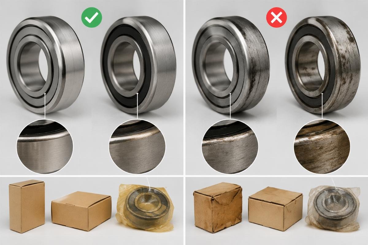 Comparison of genuine versus counterfeit bearing laser marking and packaging details