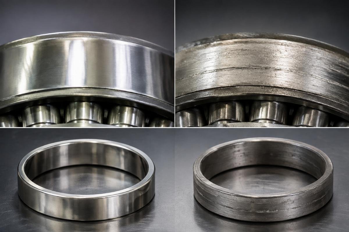 Comparison of genuine vs refurbished bearing raceway surfaces showing original finish vs re-machined degradation