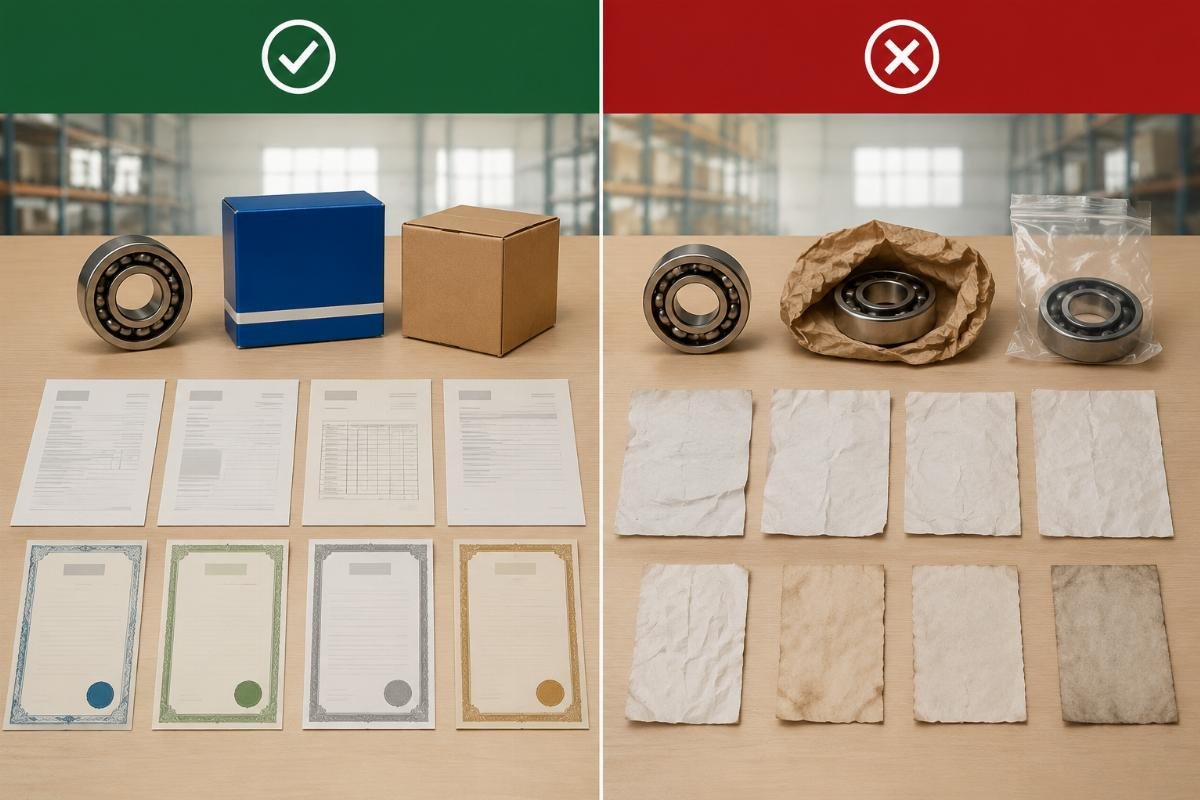 Comparison table showing authorized versus non-authorized sourcing documentation differences for wholesale bearing orders
