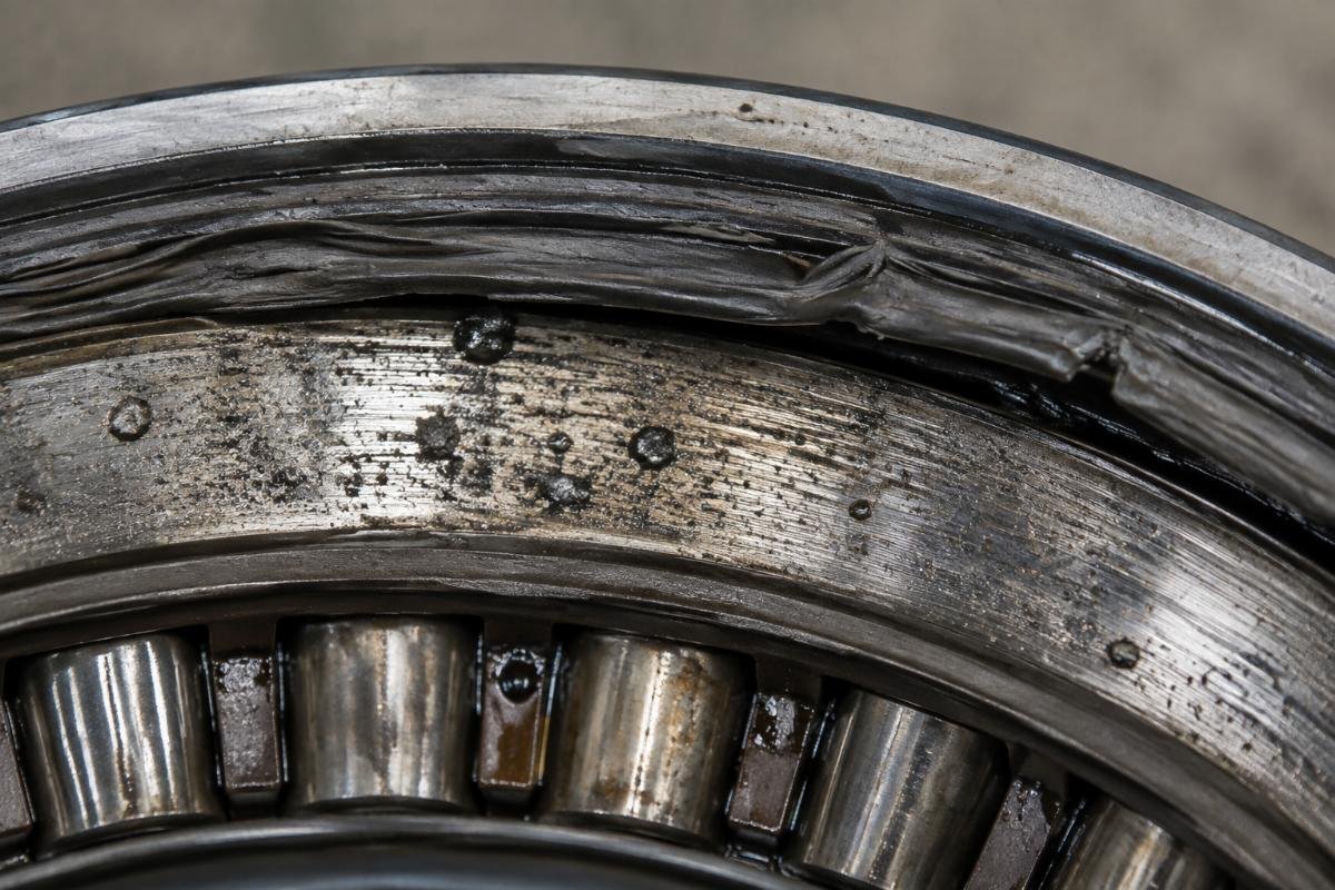 Contaminated spindle bearing raceway with embedded debris and worn seal lip