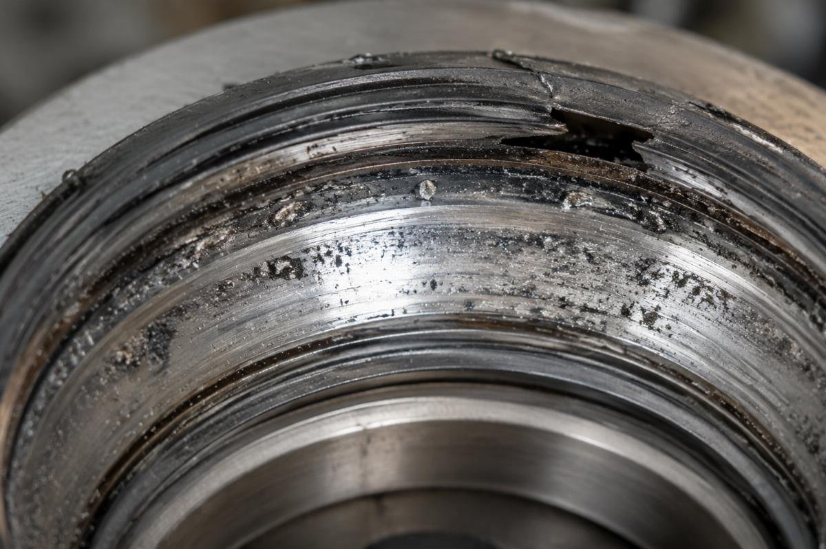 Contaminated spindle bearing raceway with embedded debris and worn seal lip