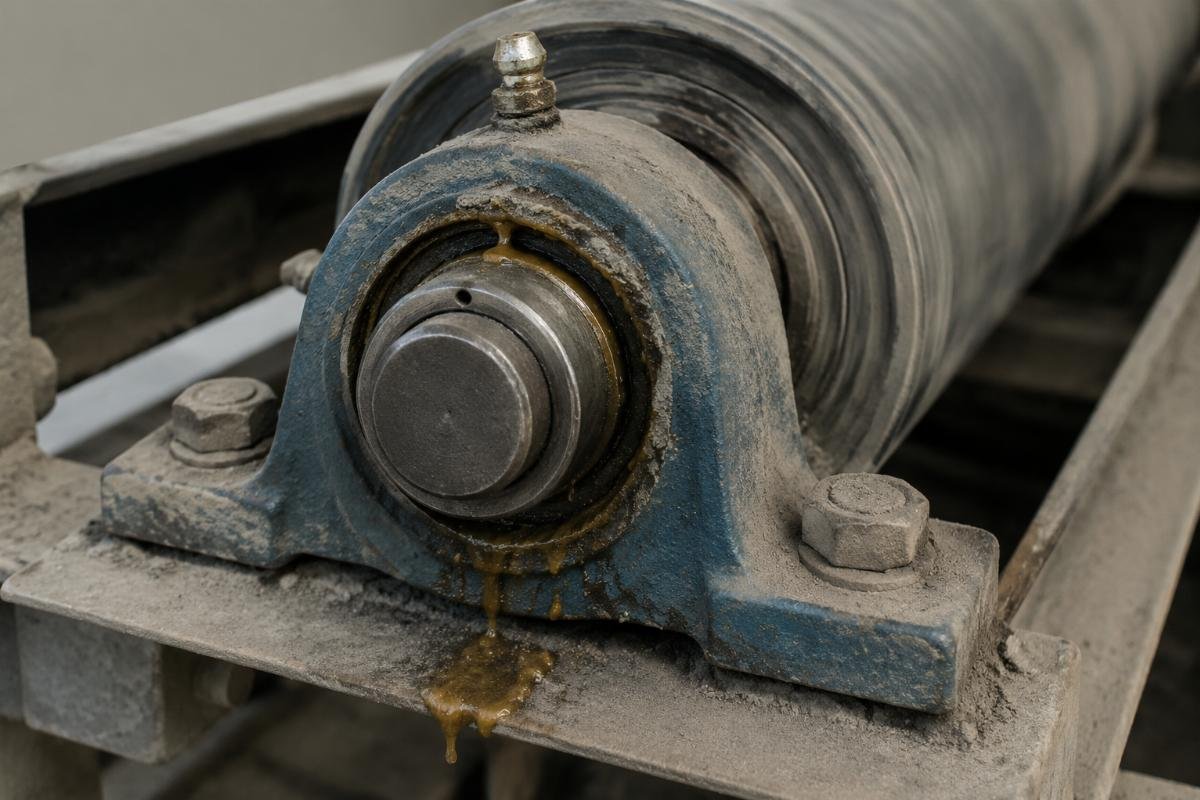 Conveyor idler pillow block showing grease weep at shaft shoulder due to seal mismatch