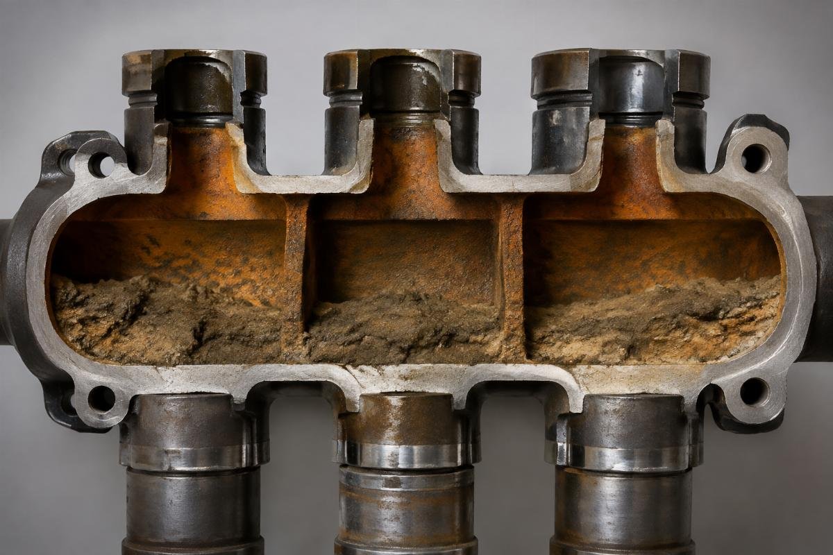 Coolant supply manifold cross-section showing sediment buildup