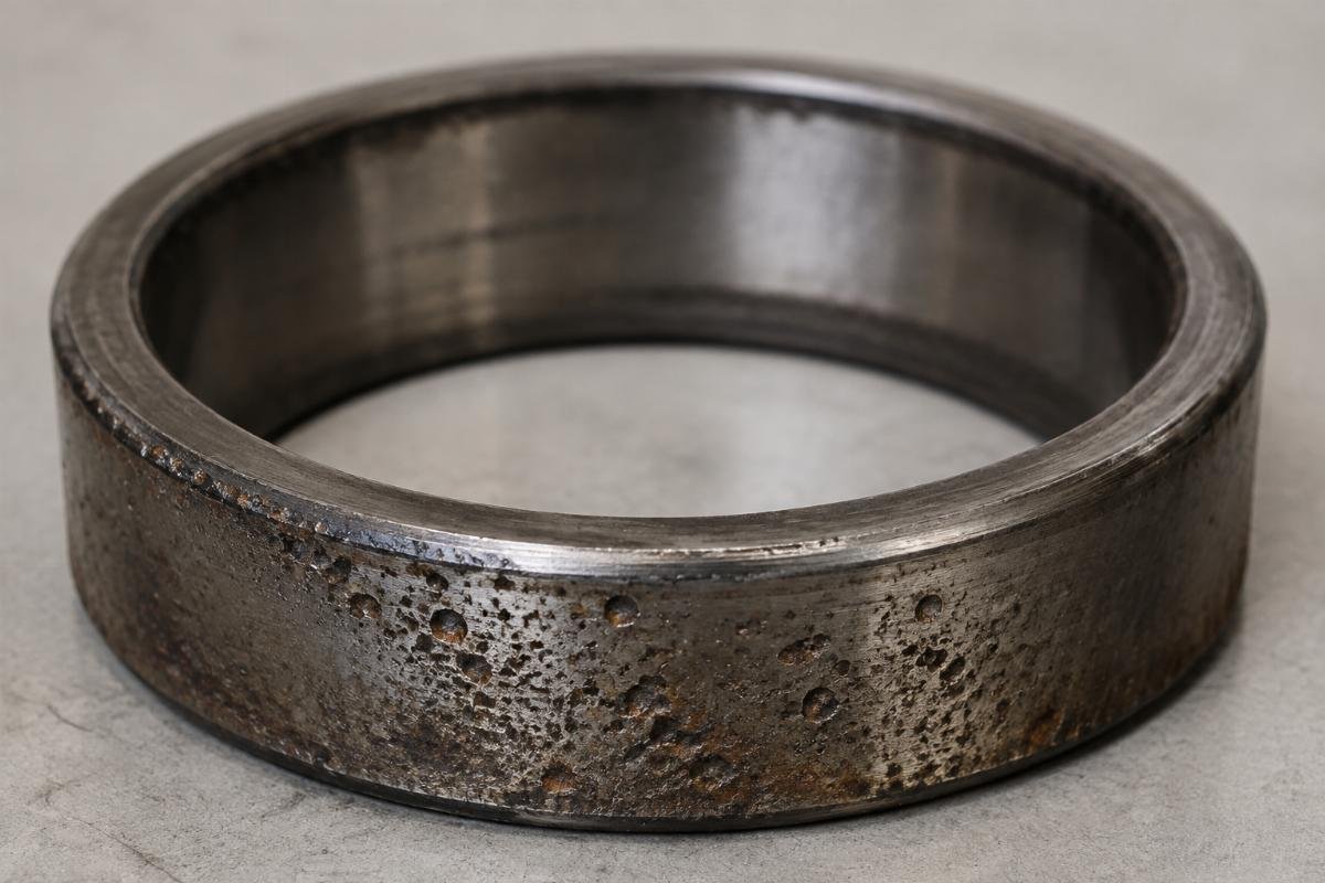 Corroded bearing outer ring with visible pitting on raceway surface