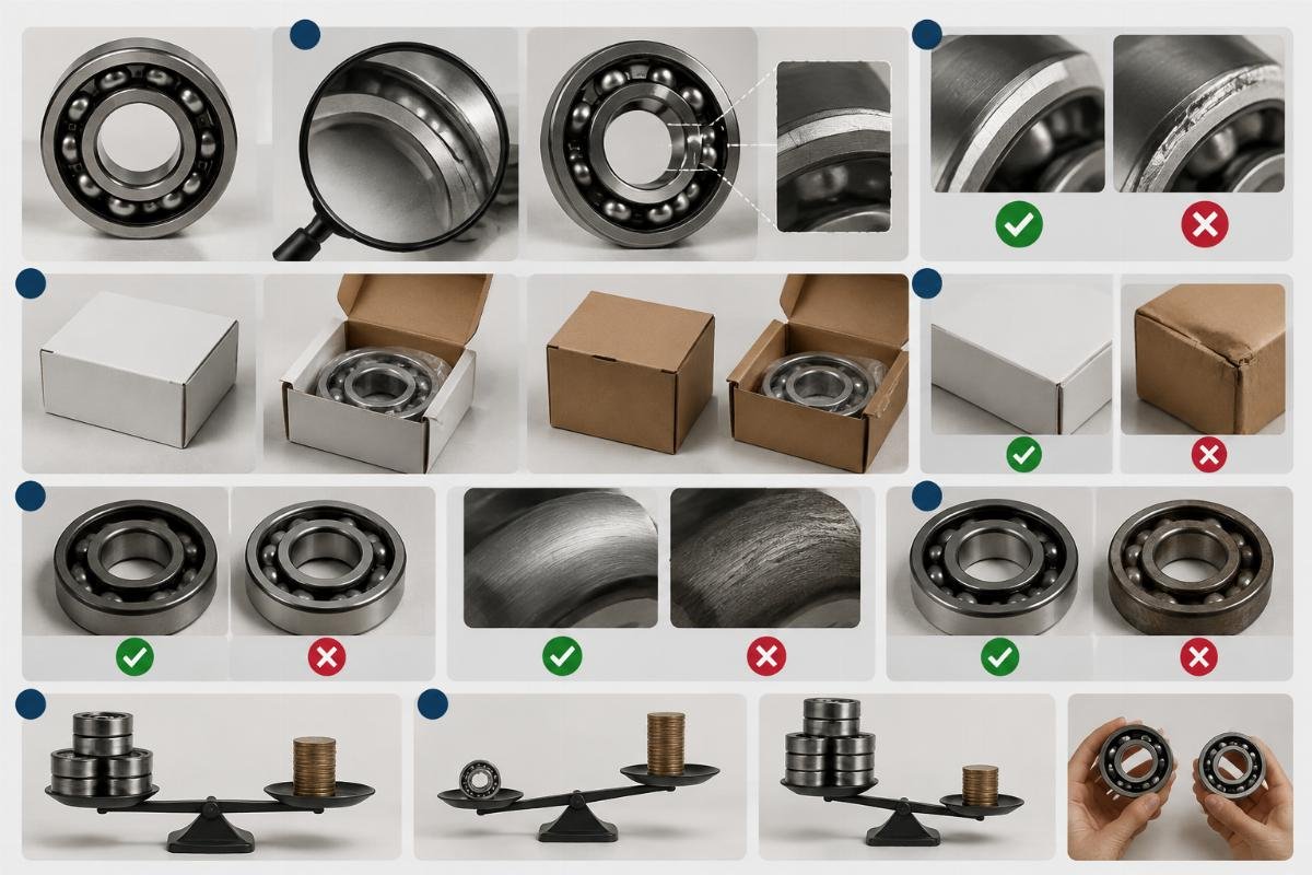 Counterfeit bearing identification checklist showing engraving, packaging, origin marking, and price comparison points