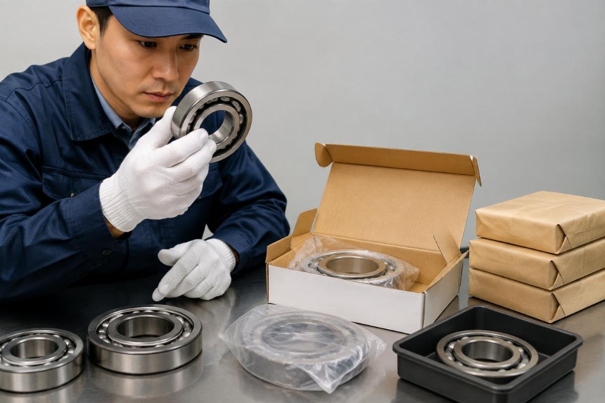 Counterfeit bearing identification process showing packaging and marking inspection