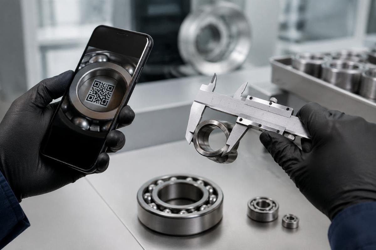 Counterfeit bearing identification showing QR code verification and dimensional inspection of inner ring bore
