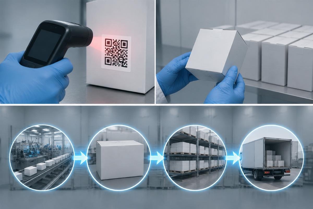 Counterfeit detection checklist showing QR code, packaging, and batch traceability verification steps