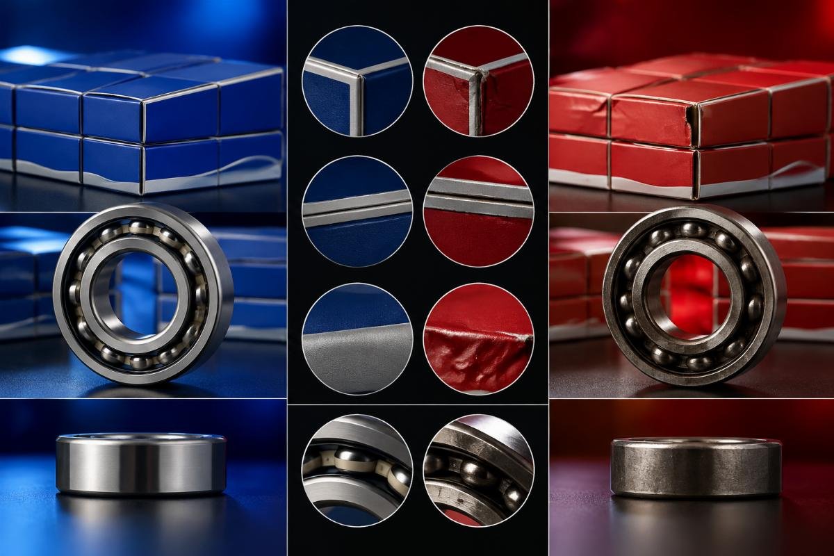 Counterfeit versus genuine NSK bearing packaging comparison showing authentication features