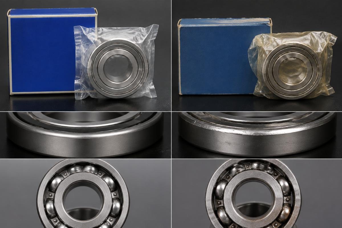 Counterfeit versus genuine NSK bearing visual comparison showing packaging and marking differences