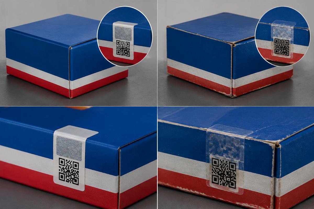 Counterfeit versus genuine SKF bearing packaging comparison showing QR code and origin marking differences