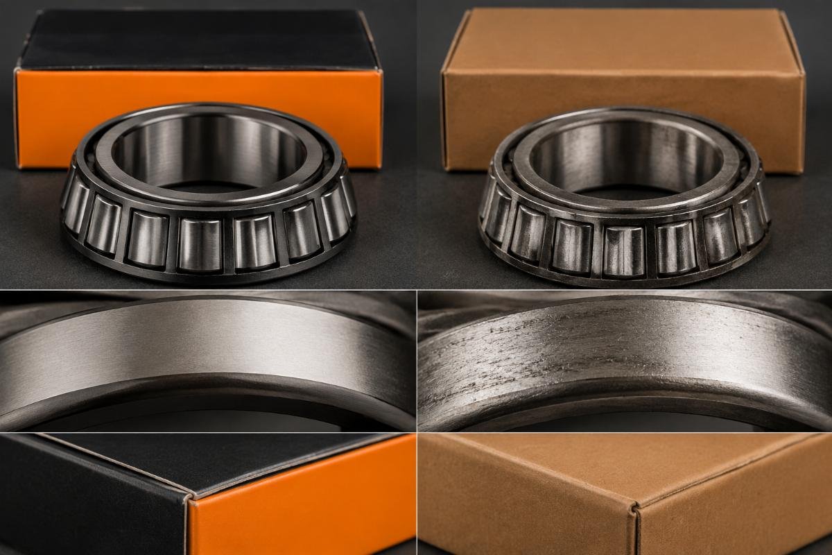 Counterfeit versus genuine TIMKEN bearing comparison showing packaging laser etching and surface finish differences
