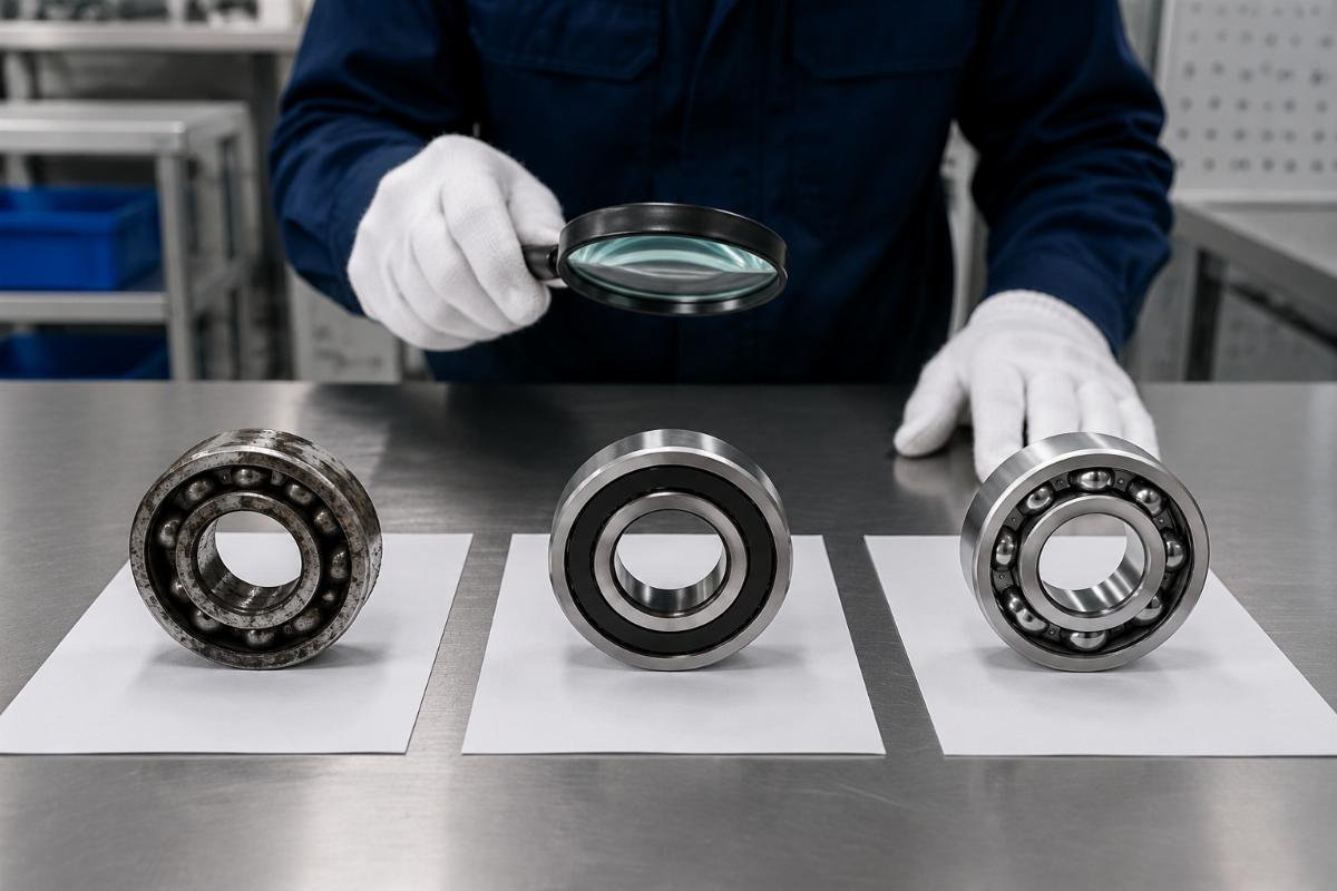 Counterfeit versus refurbished versus genuine bearing comparison on inspection table