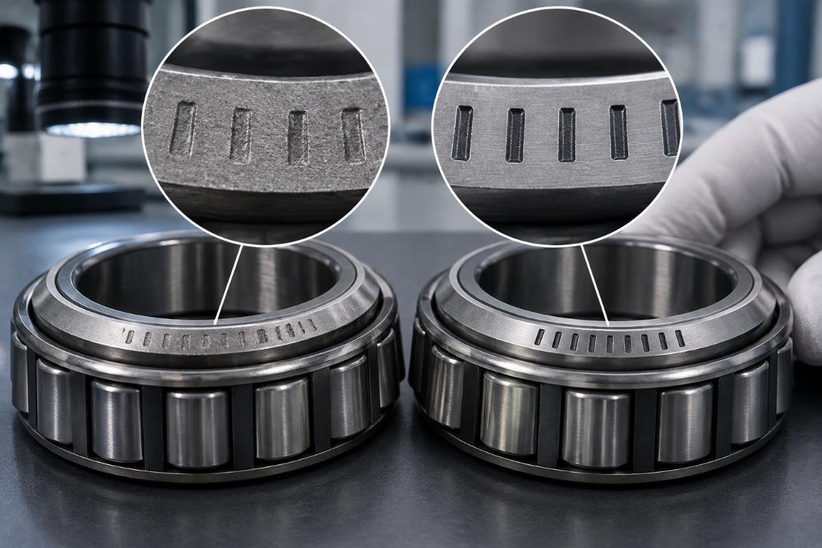Counterfeit vs genuine SKF 32210 stamp comparison under magnification