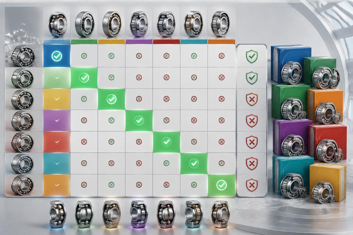 Cross-brand bearing interchange matrix showing dimensional compatibility versus warranty transferability distinctions