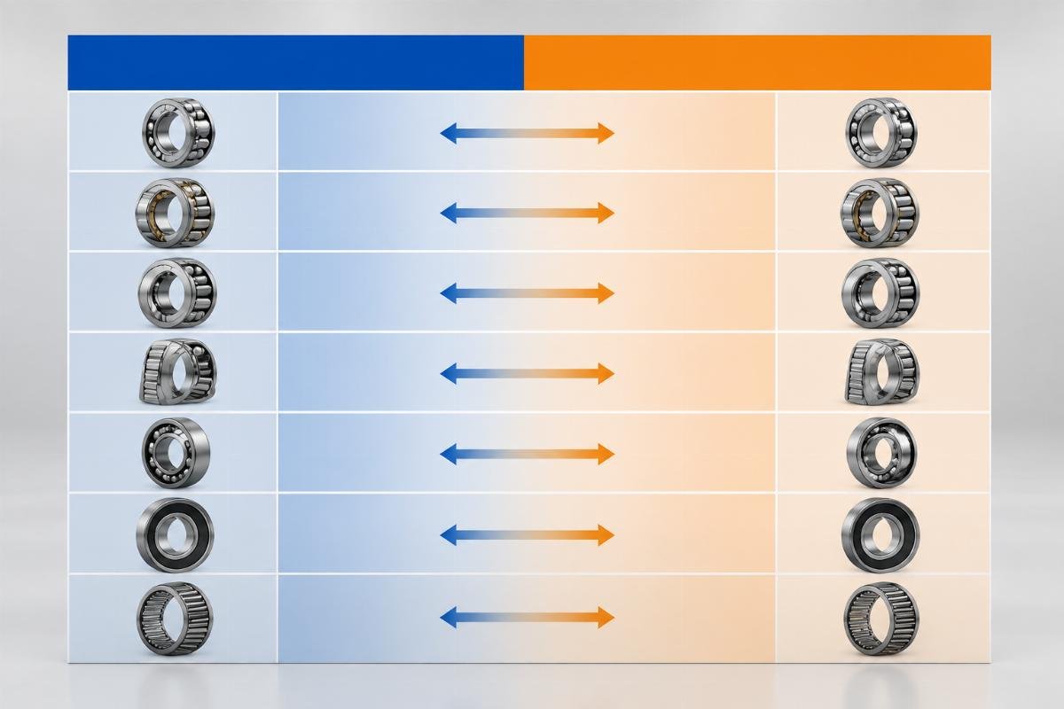 Cross-reference chart showing bearing part number mapping between SKF and TIMKEN series