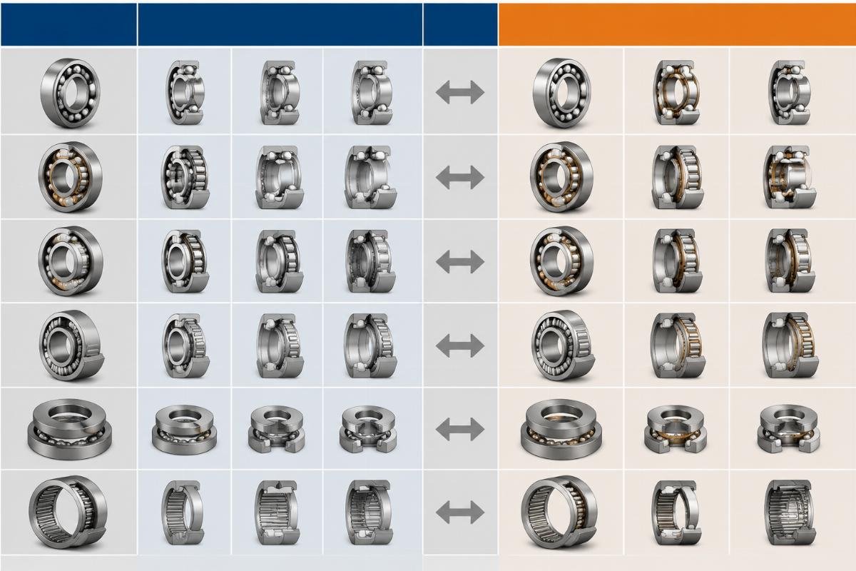 Cross-reference comparison chart for SKF and Timken bearing families