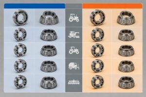 Cross-reference comparison chart showing SKF and Timken agricultural machinery bearing models side by side