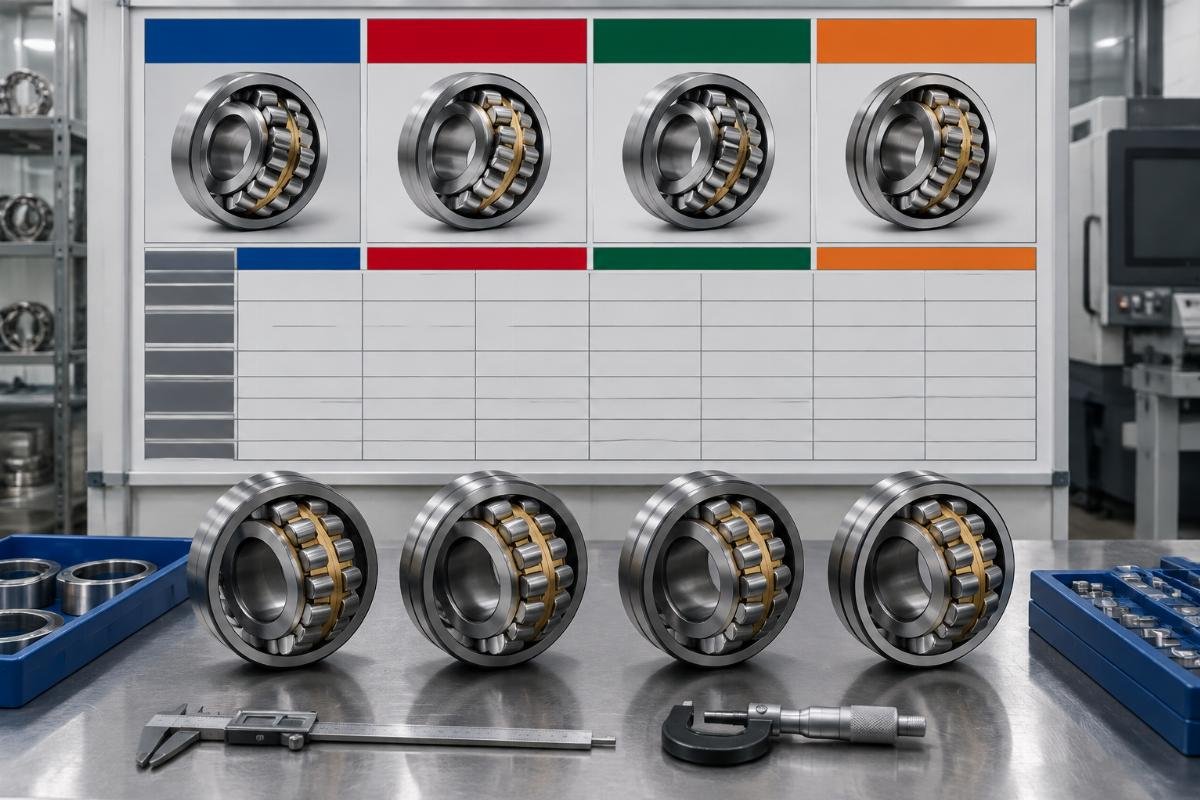Cross-reference comparison chart showing SKF, NSK, FAG, and TIMKEN spherical roller bearing dimensions and clearance classes
