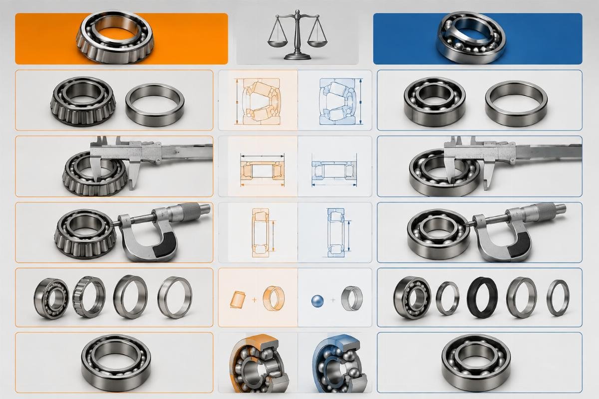 Cross-reference comparison chart showing Timken and SKF bearing dimension and suffix verification steps
