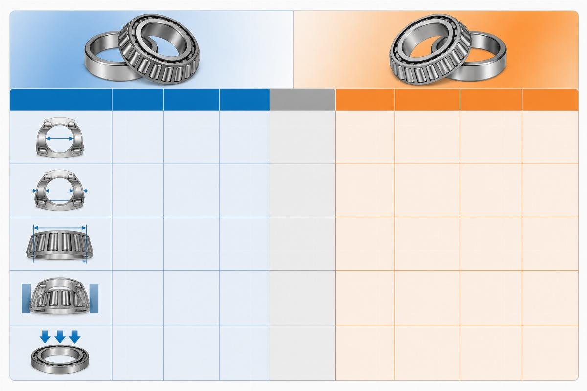 Cross-reference comparison table showing bore, OD, width, clearance class, and load rating alignment between SKF and Timken tapered roller bearings
