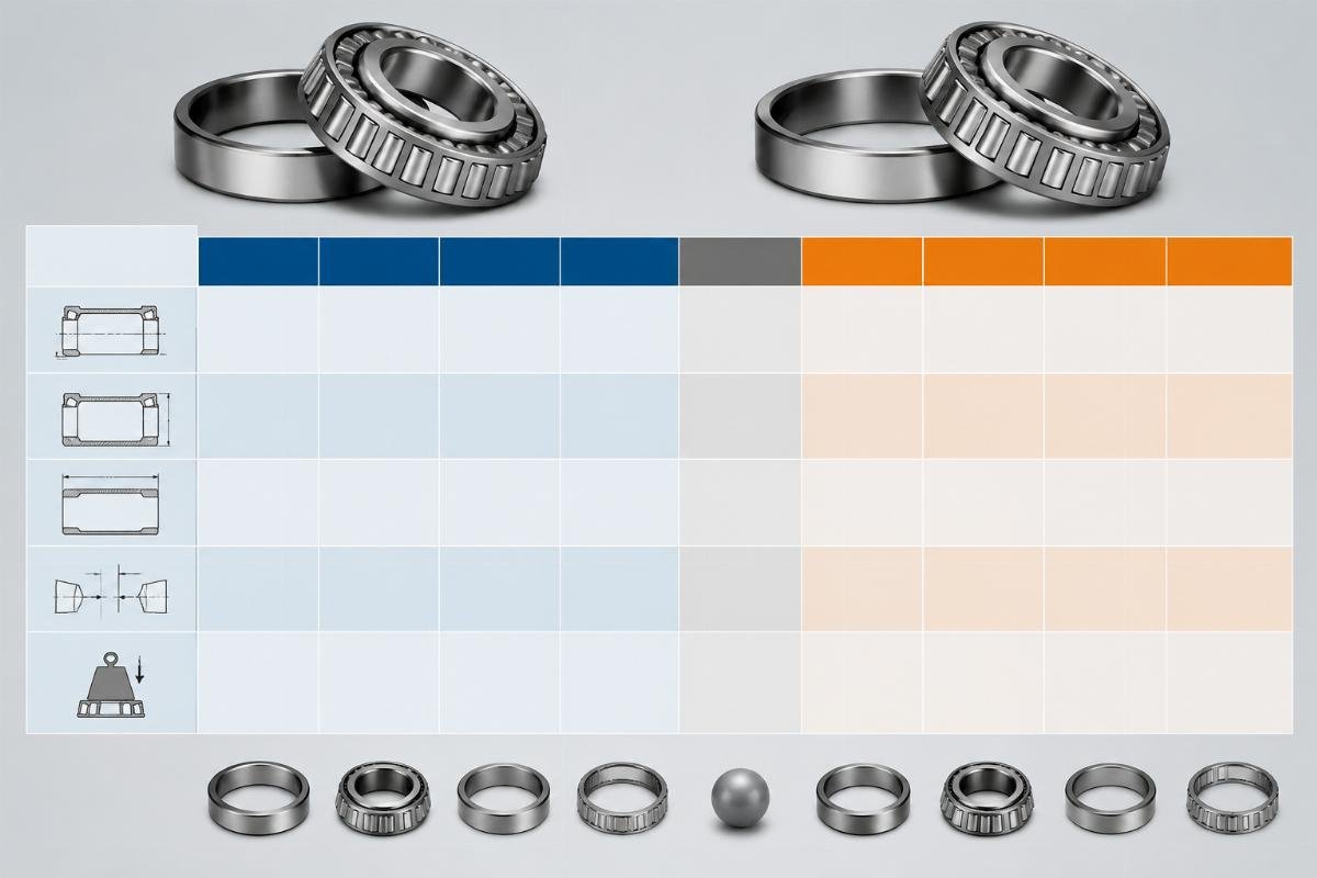 Cross-reference comparison table showing bore, OD, width, clearance class, and load rating alignment between SKF and Timken tapered roller bearings