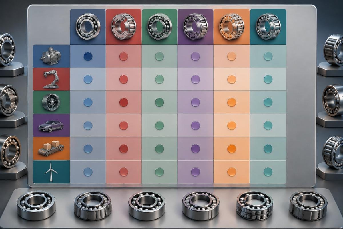 Cross-reference compatibility matrix showing dimensional fit vs application-life match across major bearing brands