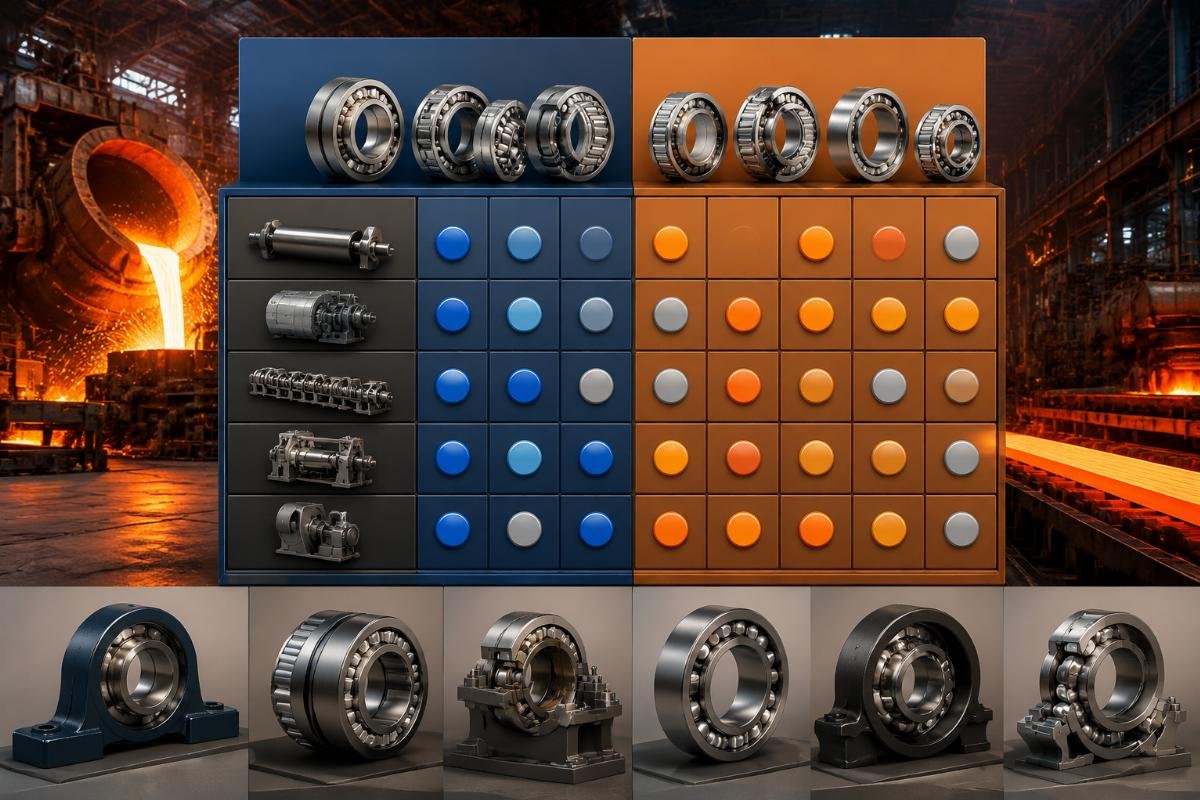 Cross-reference feasibility matrix for SKF and Timken bearing types in steel mill applications