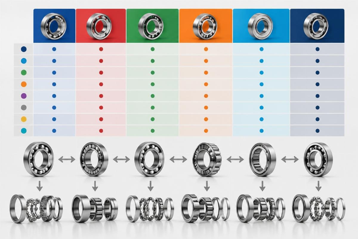 Cross-reference interchange verification chart for SKF, NSK, FAG, TIMKEN, NTN, and KOYO bearings showing suffix-level parameter alignment