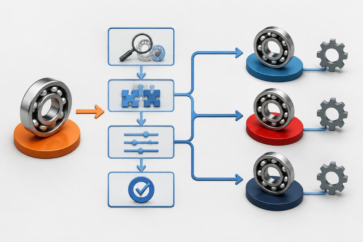 Cross-reference mapping flowchart from TIMKEN to SKF FAG NSK showing suffix matching steps