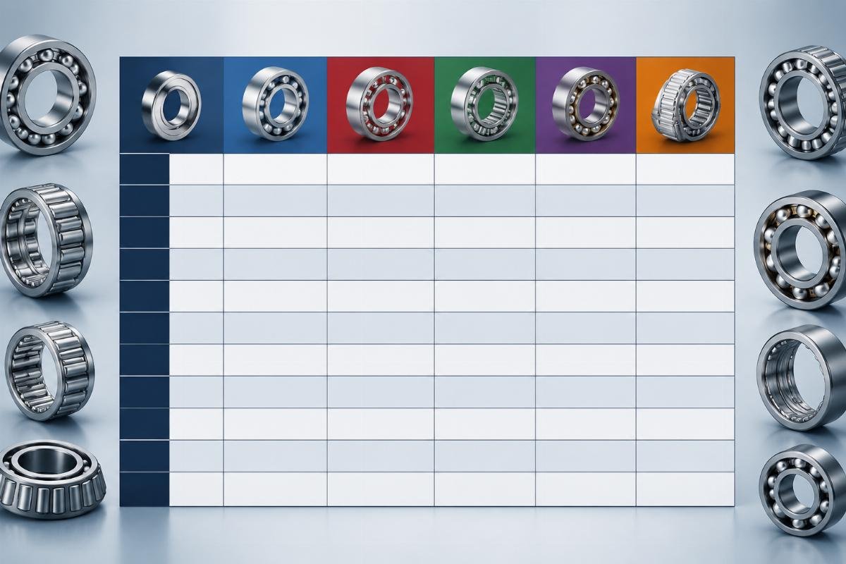 Cross-reference matrix table showing equivalent model numbers across six major bearing brands