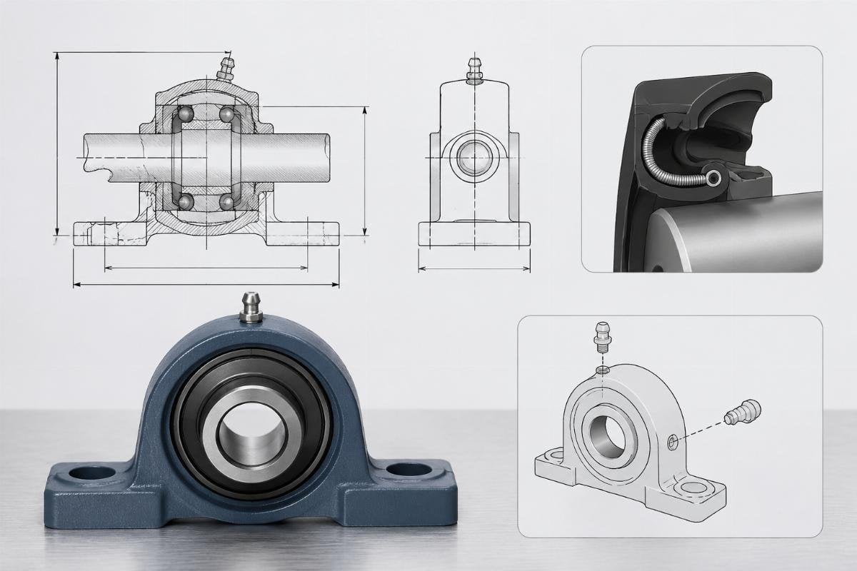 Cross-reference package showing dimensional drawing, seal sketch, and grease-port diagram