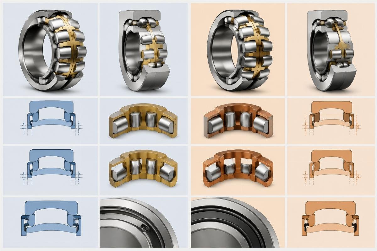 Cross-reference parameter comparison chart showing clearance, cage, and seal differences between SKF and Timken spherical roller bearings