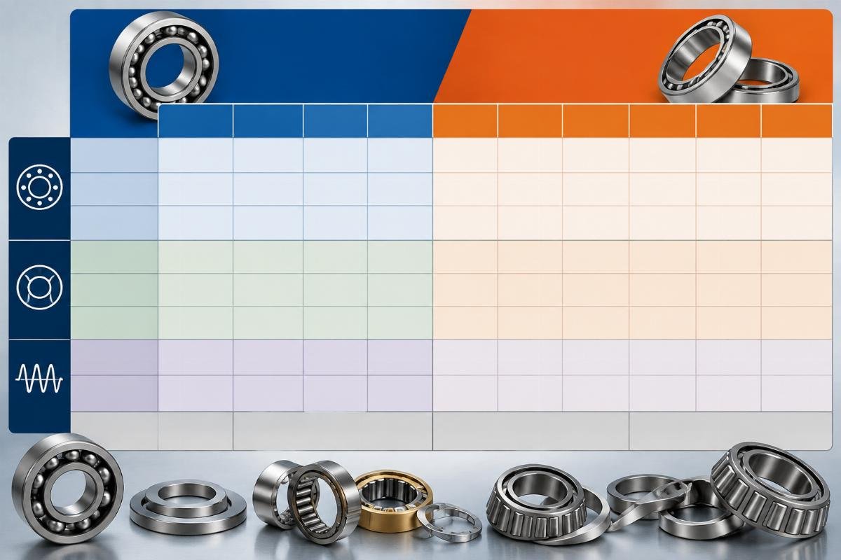 Cross-reference table template showing SKF and Timken bearing models mapped by clearance class, internal geometry family, and vibration family code