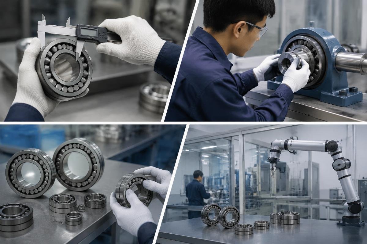 Cross-reference verification workflow for SKF and Timken bearings showing dimensional internal and application checks