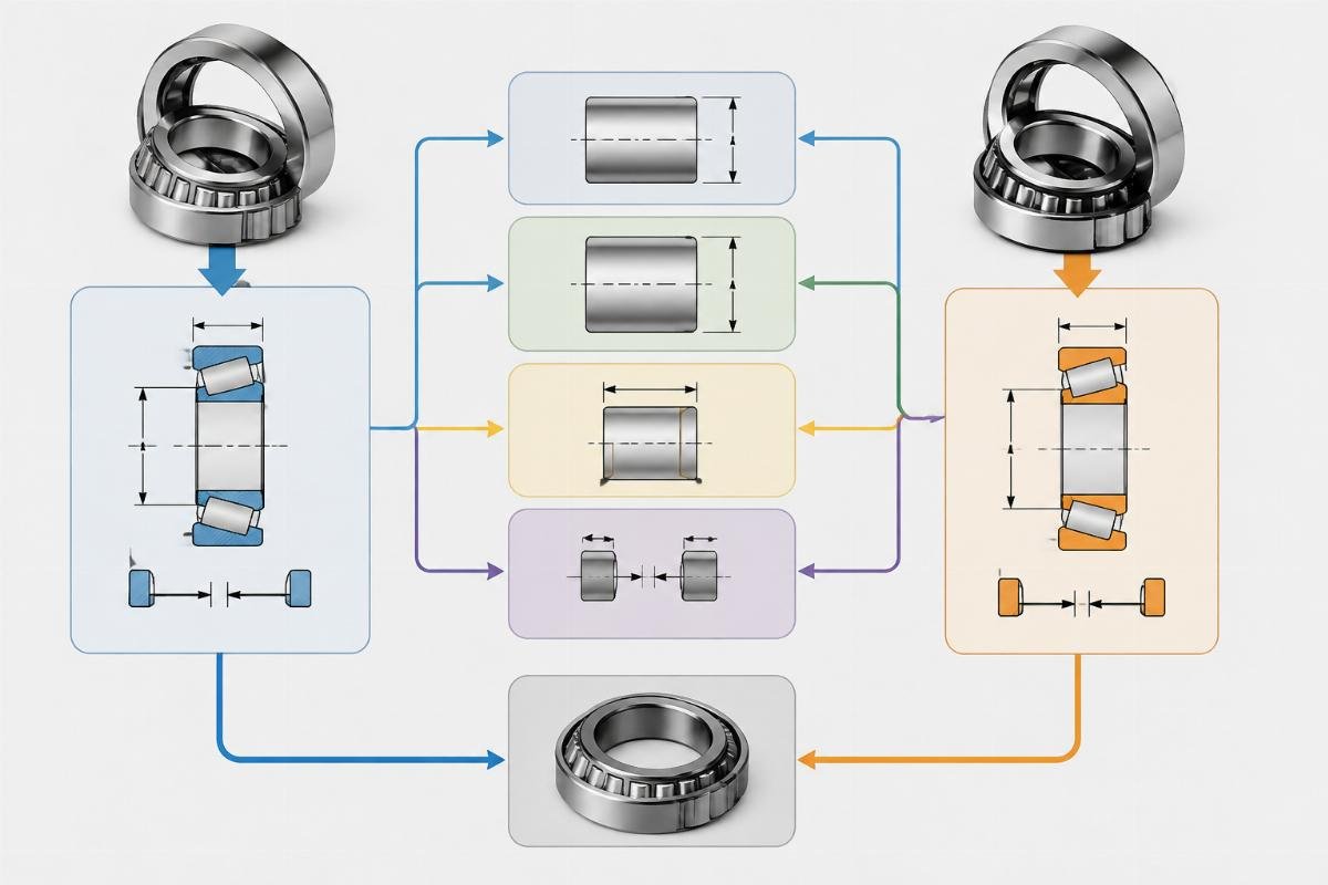 Cross-reference workflow diagram showing bore, OD, width, and clearance class matching between SKF and Timken tapered roller bearings