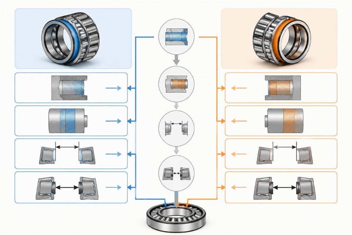 Cross-reference workflow diagram showing bore, OD, width, and clearance class matching between SKF and Timken tapered roller bearings