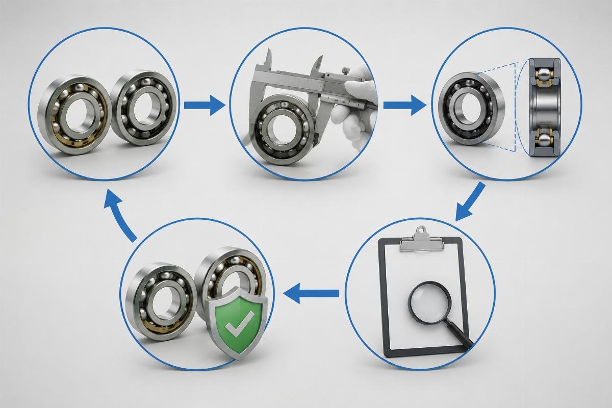 Cross-reference workflow diagram showing the five-step verification process for SKF and Timken angular contact bearing interchange