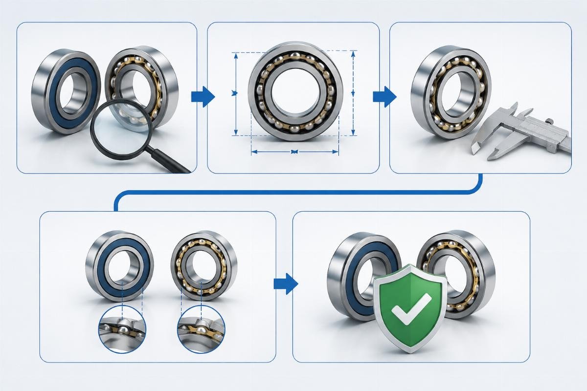 Cross-reference workflow diagram showing the five-step verification process for SKF and Timken angular contact bearing interchange