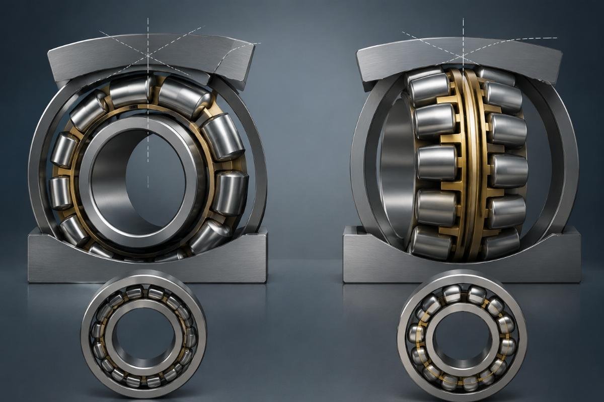 Cross-section comparison of a CARB toroidal roller bearing and a spherical roller bearing showing self-alignment capability