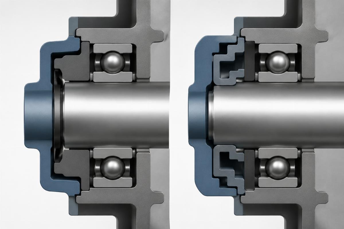 Cross-section comparison of contact seal versus labyrinth seal bearing