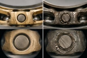Cross-section comparison of genuine and counterfeit bearing cage rivet structure under microscope