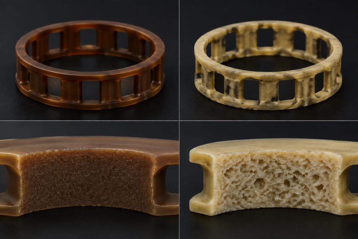 Cross-section comparison of genuine versus counterfeit bearing cage material