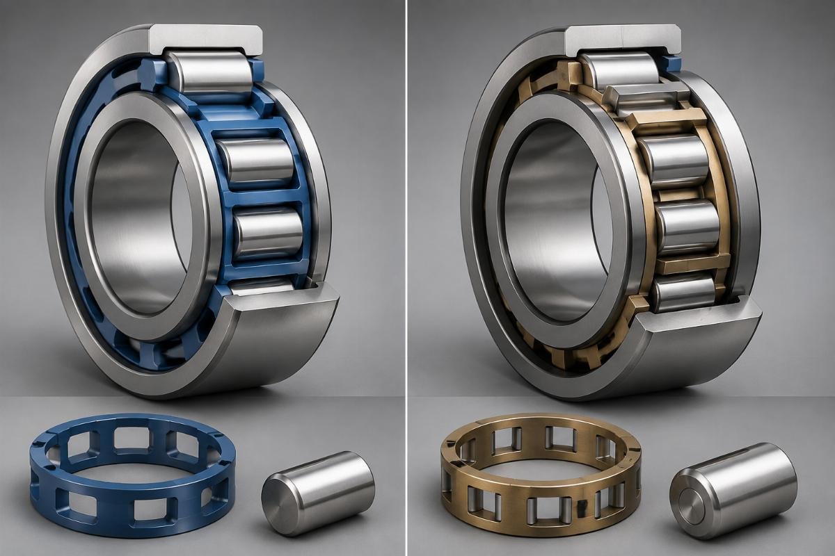 Cross-section comparison of SKF and Timken cylindrical roller bearings showing cage and roller profile differences