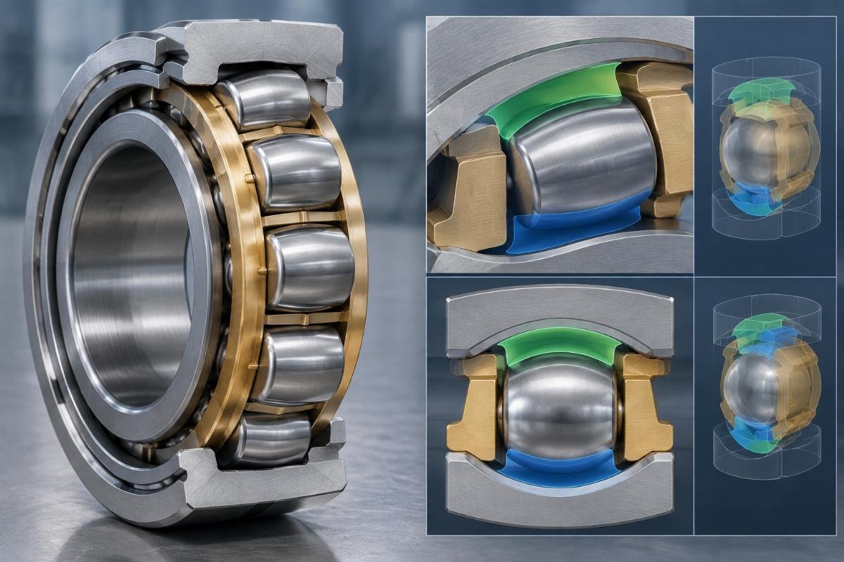 Cross-section comparison of spherical roller bearing cage and internal clearance zones