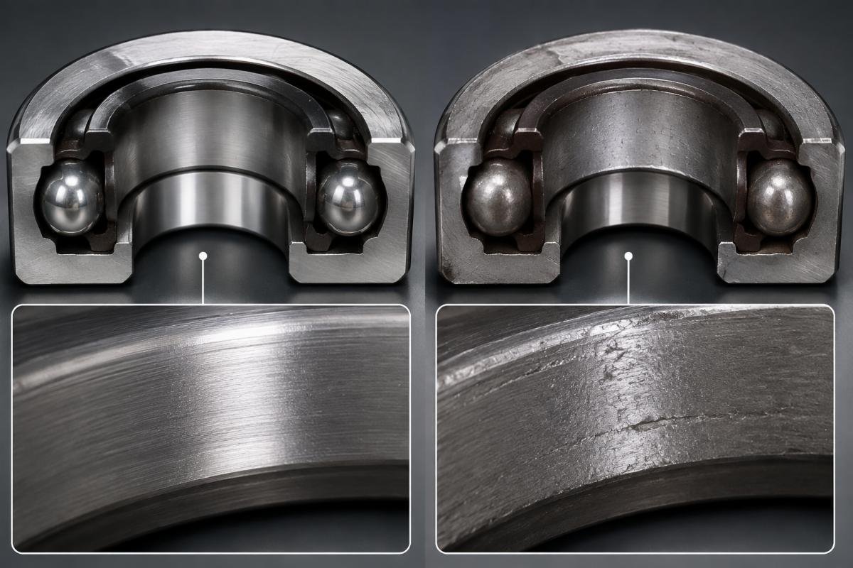 Cross-section comparison showing raceway surface quality differences between genuine and counterfeit bearings