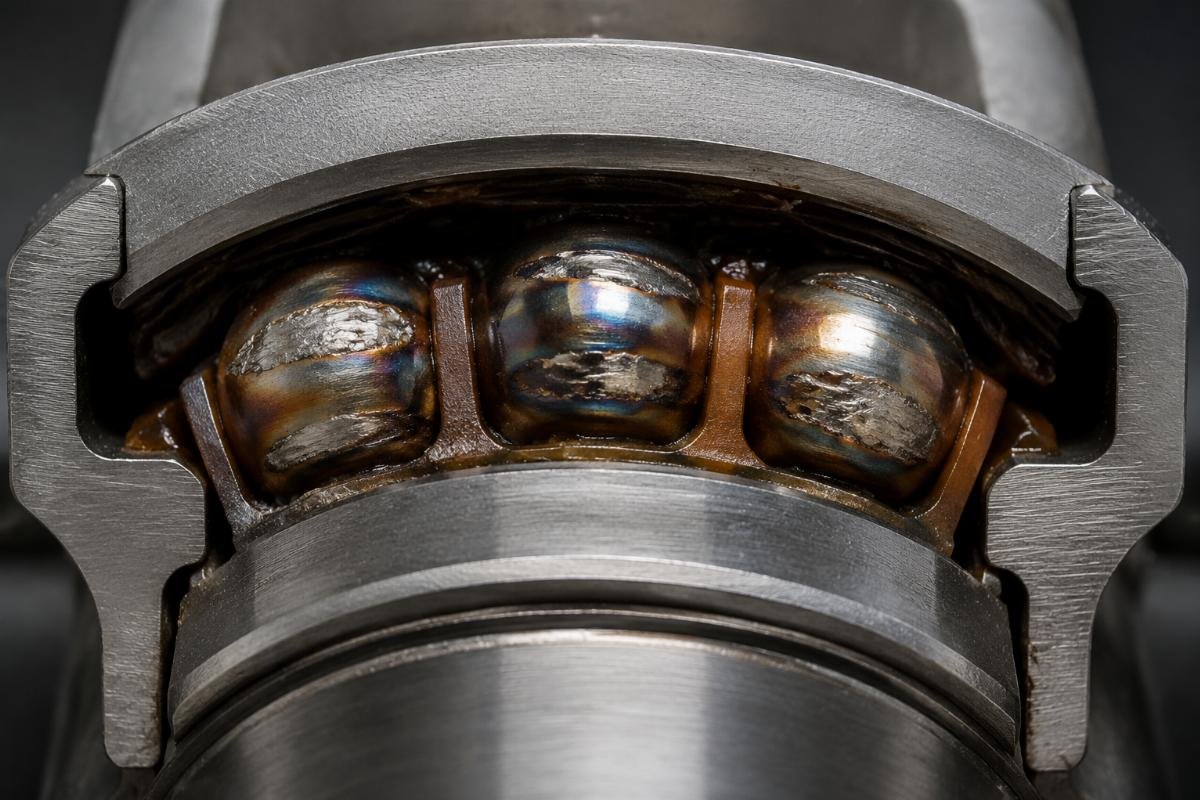 Cross-section view of an HVAC motor bearing showing smearing and thermal discoloration on rolling elements