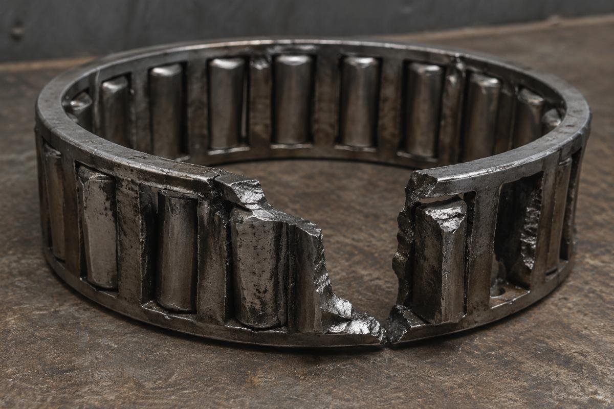 Damaged bearing cage from a combine harvester showing fatigue failure
